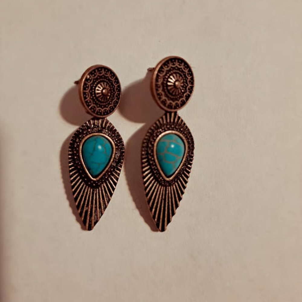 Bronze Tone Teardrop Dangle Earrings With Turquoise Stones For Pierced Ears